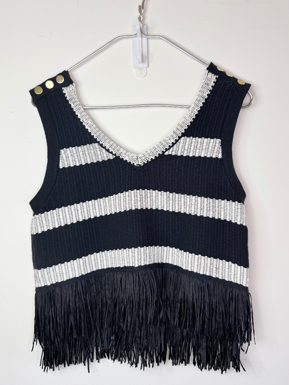 Club Monaco Olivina Fringe Sweater Tank Navy White Size L Knit